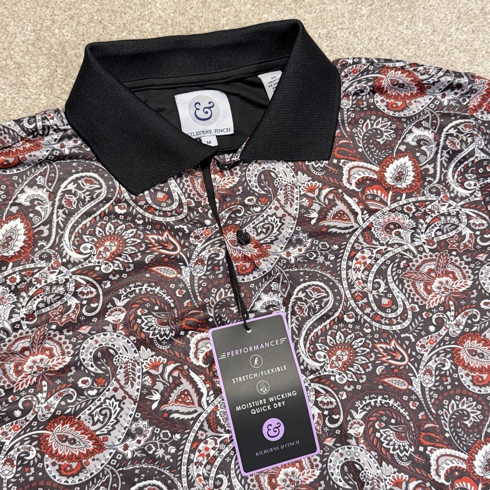 Kilburne Finch Polo Shirt‎ Medium Mens Golf Red Paisley Stretch Performance NWT